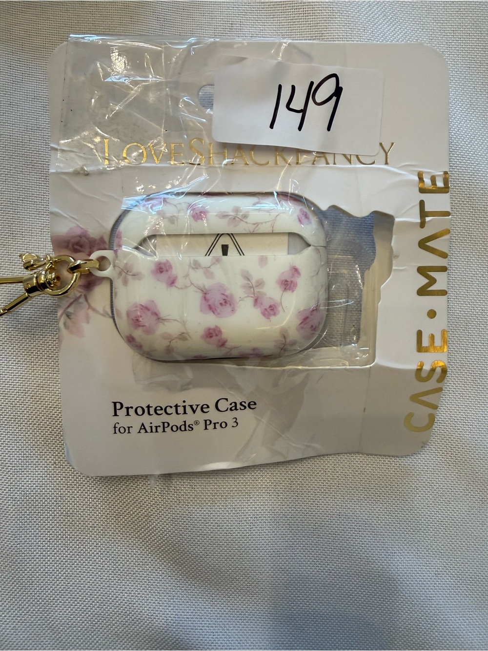 LoveShackFancy White AirPods Pro 3 Case with Pink Rose Print and Gold Charm